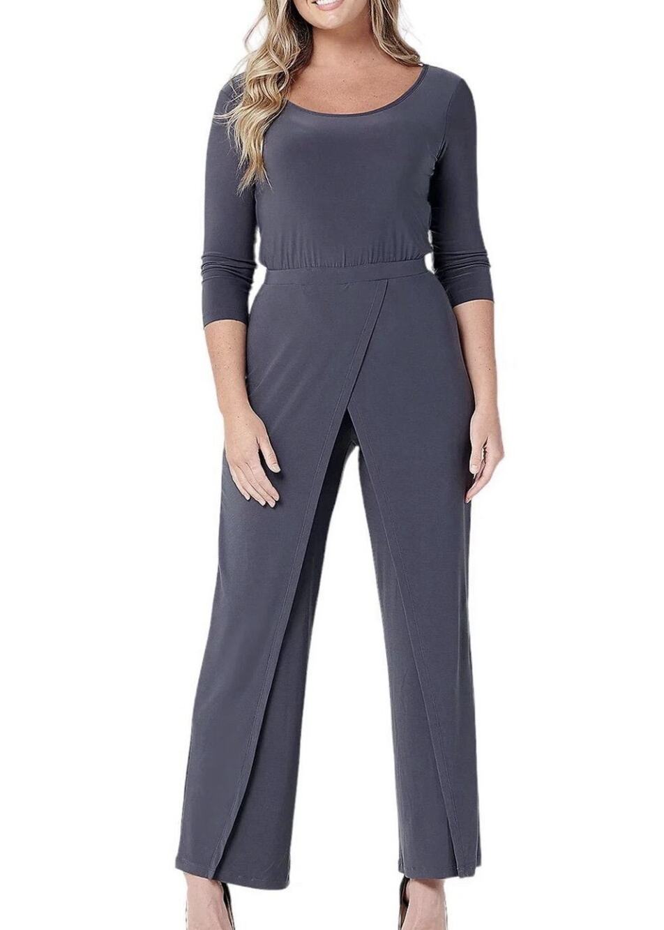 Attitudes by Renee Overlay Como Jersey Wide-Leg Jumpsuit Stormy Grey Medium Tall